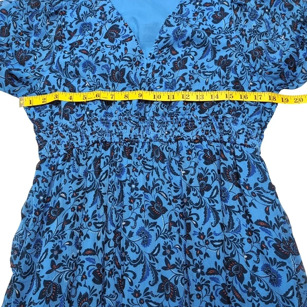 Old Navy Smocked Midi Dress Womens L Blue Floral Sheer Short Sleeve Boho Cottage